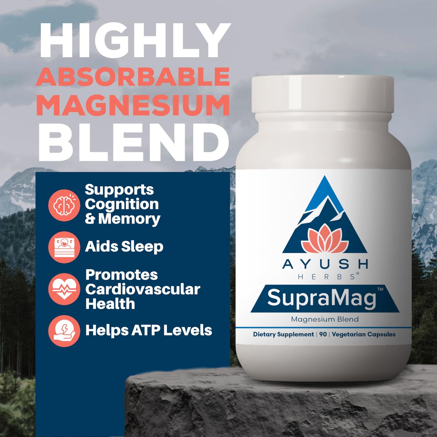 Ayush Herbs SupraMag - 400 mg Magnesium Blend | Chelated Bisglycinate, Citrate & Ororate | 90 Veg Capsules