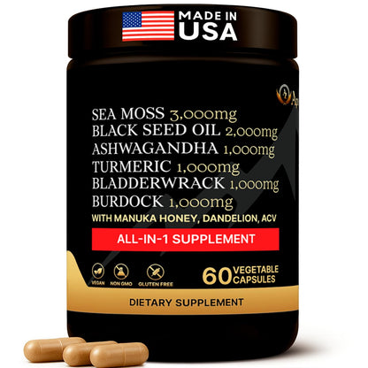 AZ ApexZone True Sea Moss Complex – Black Seed Oil, Ashwagandha, Burdock, Turmeric & Manuka Honey – 60 Capsules