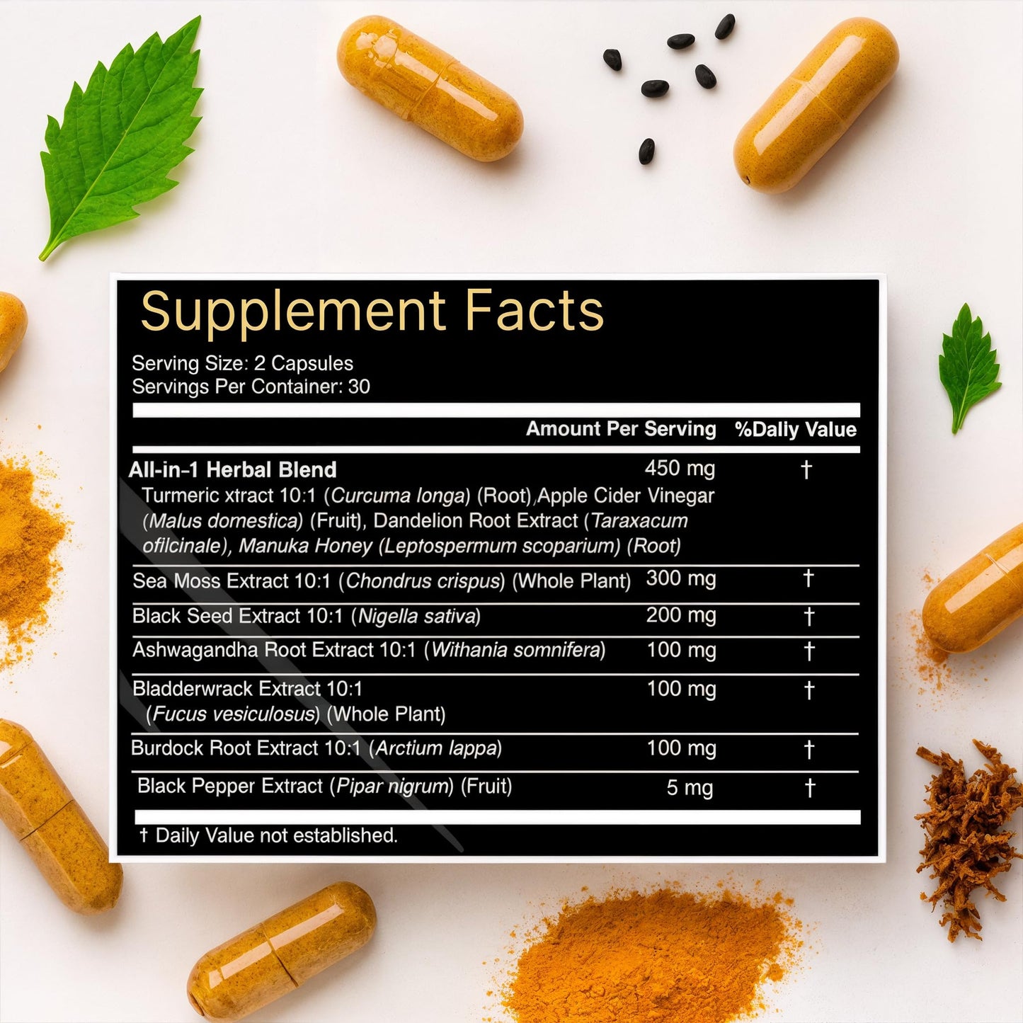 AZ ApexZone True Sea Moss Complex – Black Seed Oil, Ashwagandha, Burdock, Turmeric & Manuka Honey – 60 Capsules