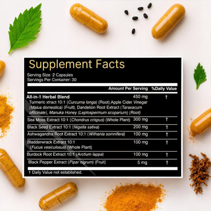 AZ ApexZone True Sea Moss Complex – Black Seed Oil, Ashwagandha, Burdock, Turmeric & Manuka Honey – 60 Capsules