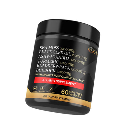 AZ ApexZone True Sea Moss Complex – Black Seed Oil, Ashwagandha, Burdock, Turmeric & Manuka Honey – 60 Capsules