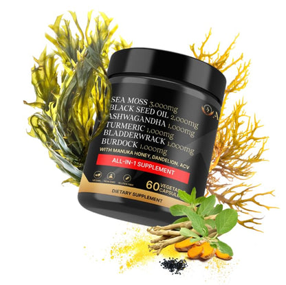 AZ ApexZone True Sea Moss Complex – Black Seed Oil, Ashwagandha, Burdock, Turmeric & Manuka Honey – 60 Capsules