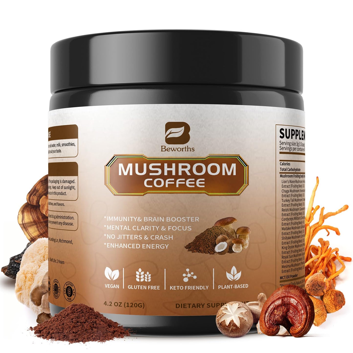 B BEWORTHS Mushroom Coffee with MCT Oil - 10-Mushroom Blend (Arabica) for Focus, Immunity, Gut & Brain Health | Vegan, Keto
