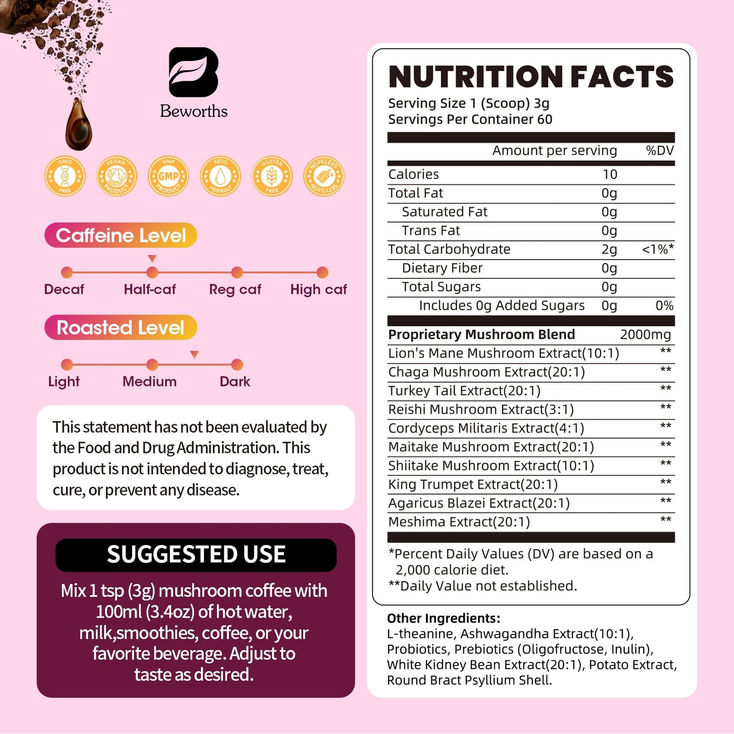 B BEWORTHS Slim Mushroom Coffee Powder — 10-Mushroom Blend with Ashwagandha, L-Theanine, and Prebiotics