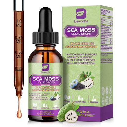 B BEWORTHS Sea Moss Liquid Drops – Irish Sea Moss, Black Seed Oil, Ashwagandha & Immune Support