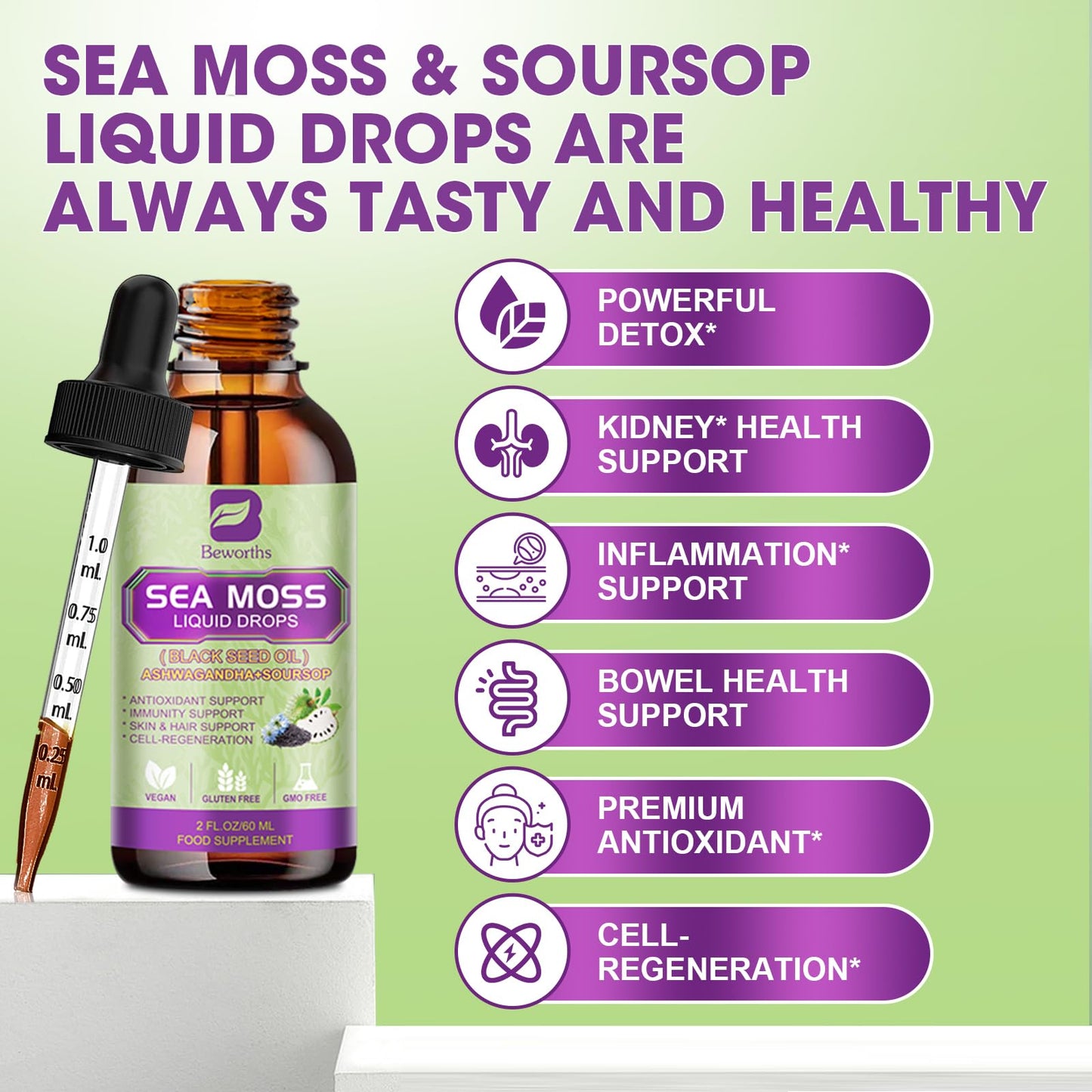 B BEWORTHS Sea Moss Liquid Drops – Irish Sea Moss, Black Seed Oil, Ashwagandha & Immune Support