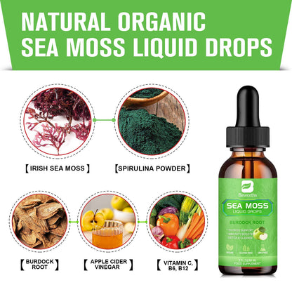 B BEWORTHS Sea Moss Liquid Drops – Organic Irish Sea Moss Gel with Burdock & Vitamins | 2 Fl Oz