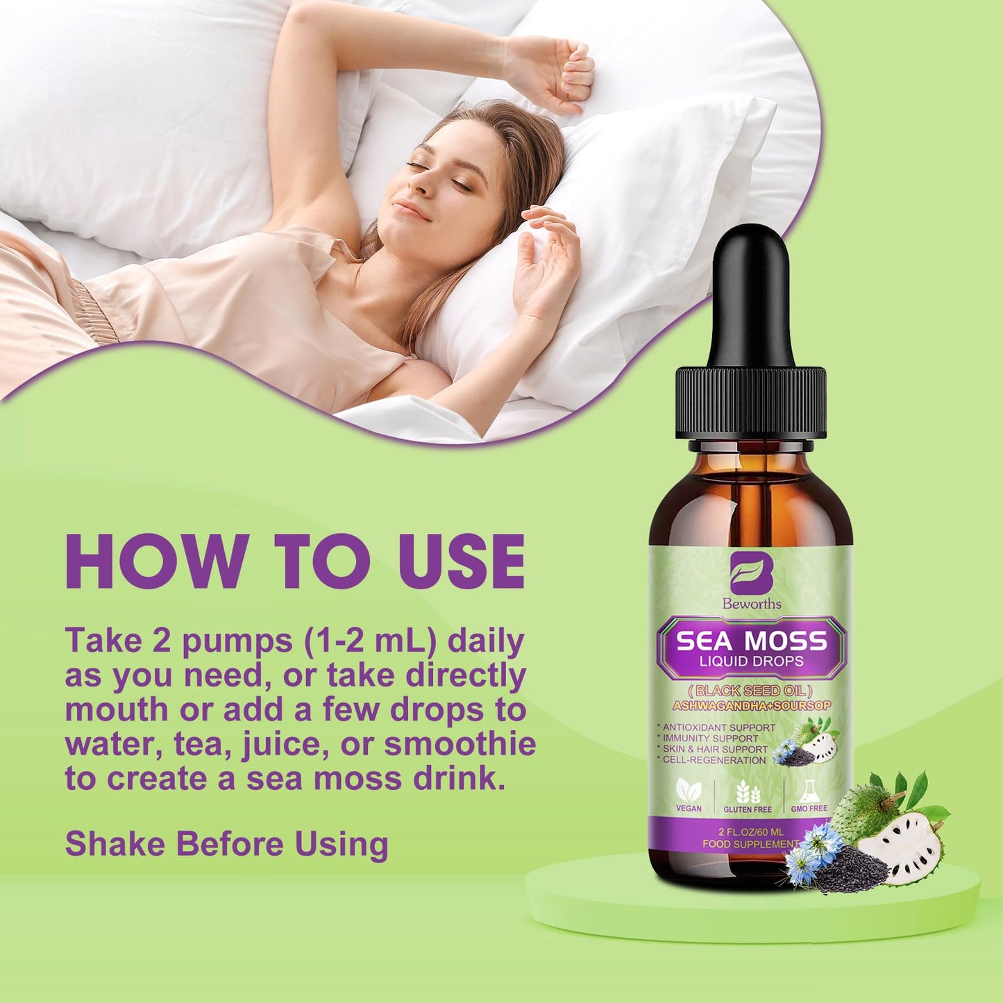 B BEWORTHS Sea Moss Liquid Drops – Irish Sea Moss, Black Seed Oil, Ashwagandha & Immune Support