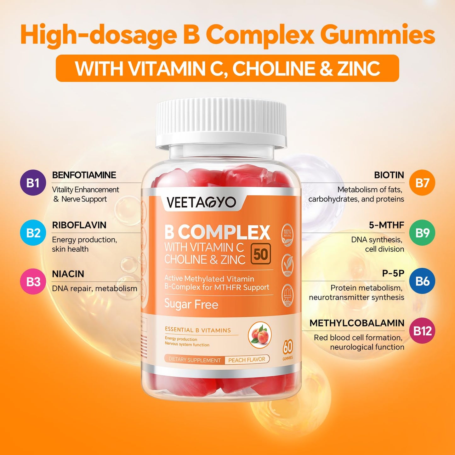 B Complex 50 Gummies - Methylated B Vitamins with Vitamin C, Choline & Zinc | Sugar Free, 120 Count