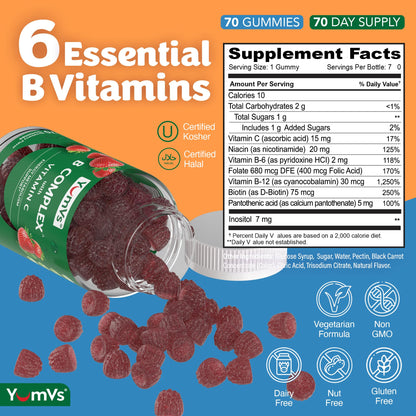 B Complex Gummies with Vitamin C – 1 A Day Energy & Nervous System Support (Vegan, Kosher, Non-GMO) – 70 Count