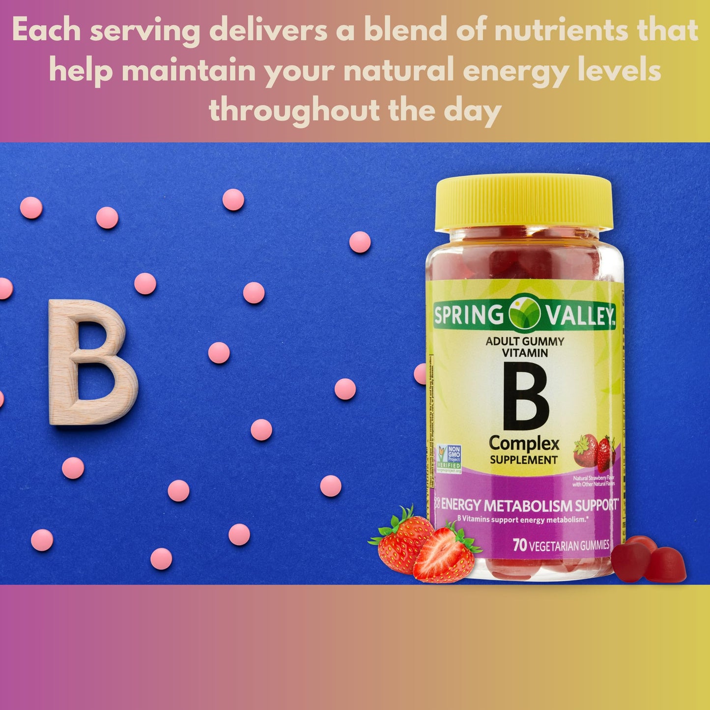 B Complex Gummies - Strawberry 70 Count (Pack of 1) | Vegetarian Vitamin B Complex