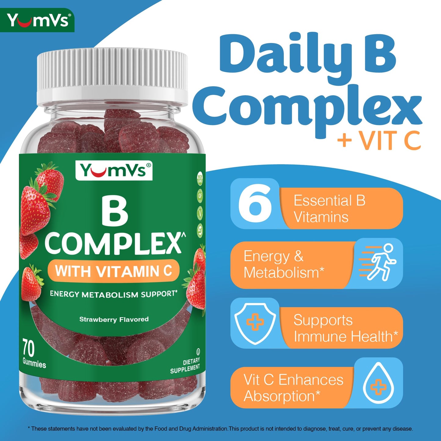 B Complex Gummies with Vitamin C – 1 A Day Energy & Nervous System Support (Vegan, Kosher, Non-GMO) – 70 Count