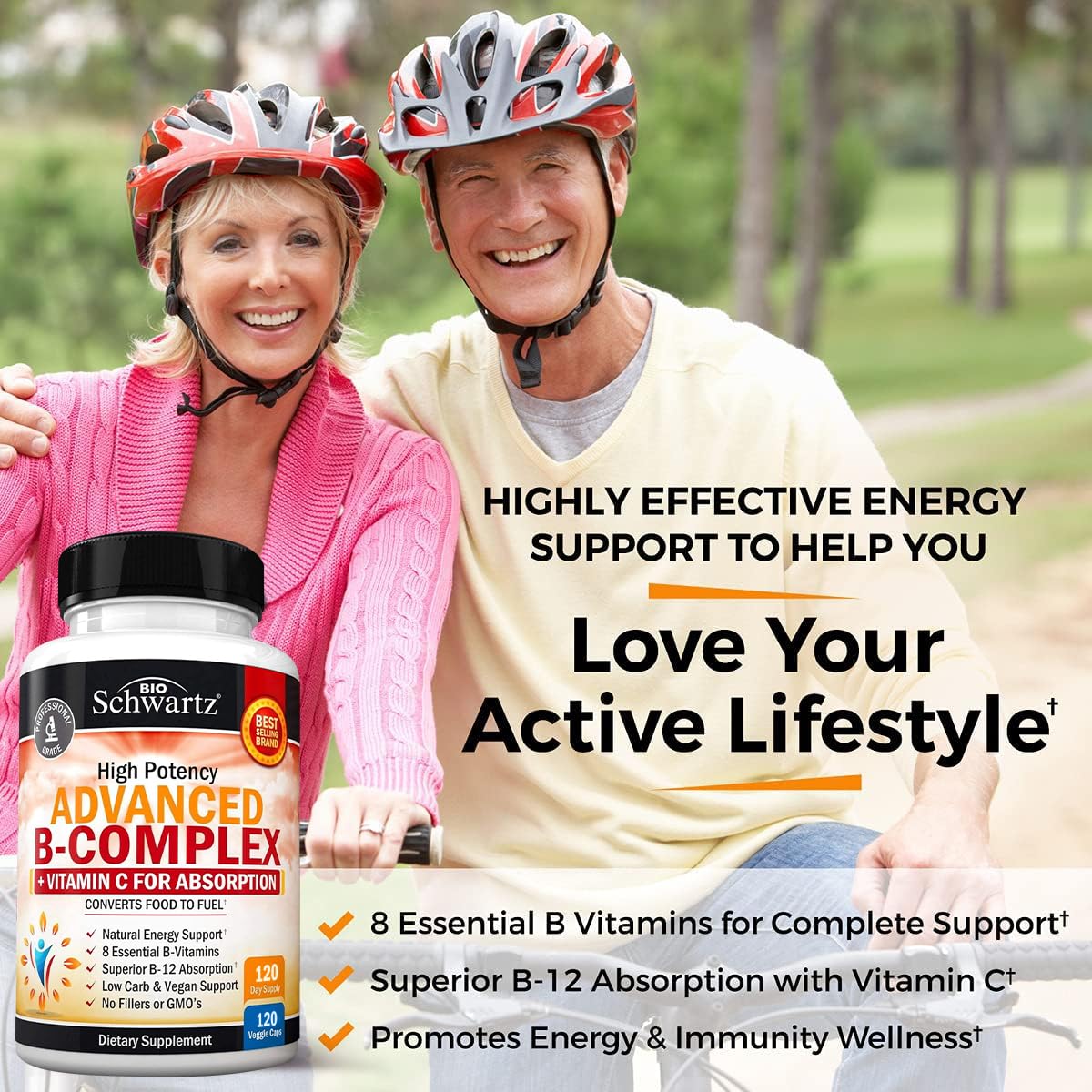 Vitamin B Complex with Vitamin C for Maximum Absorption - Methylcobalamin B12 & Folate - 120 Count