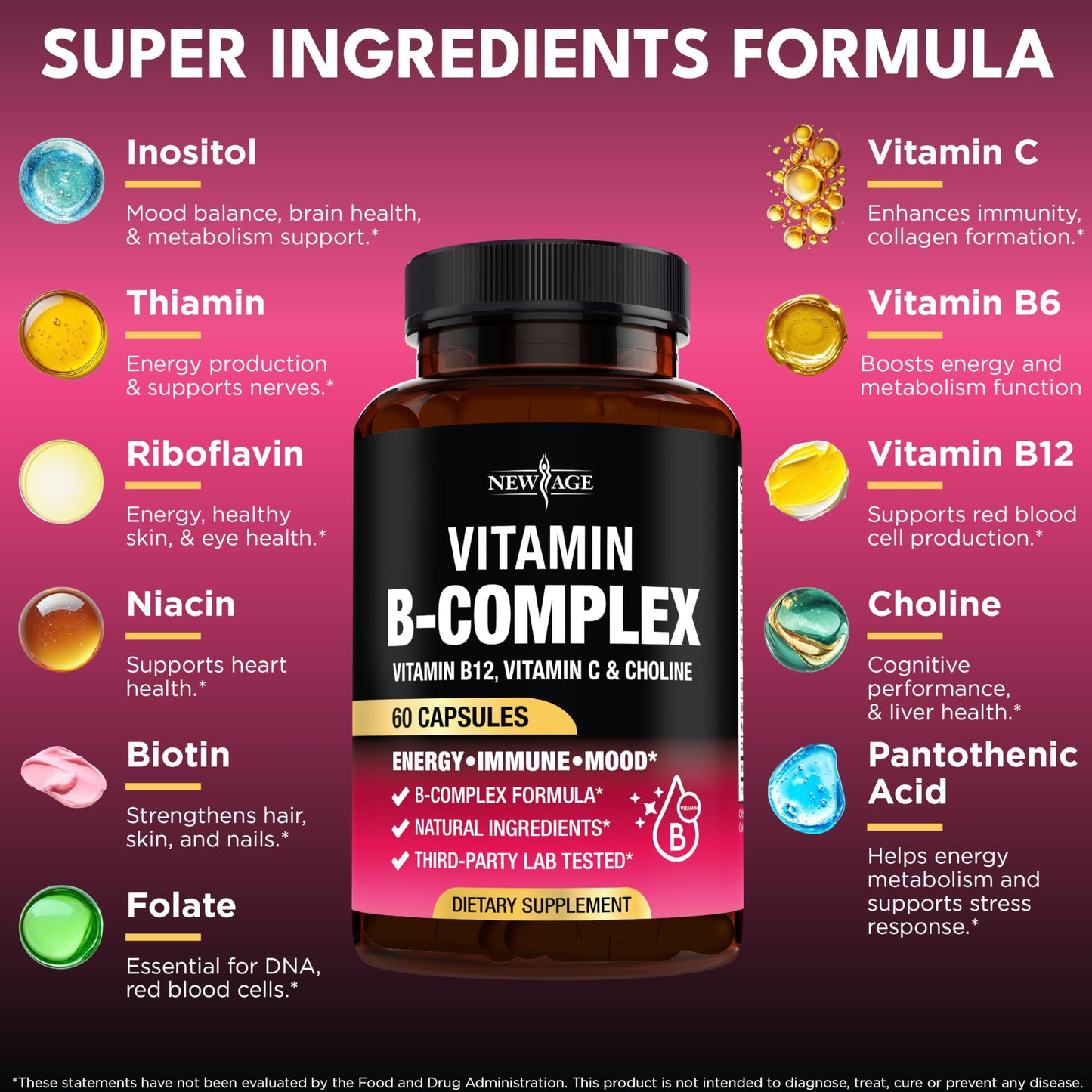 Vitamin B Complex for Men & Women – Made in USA | B-Complex with B1–B12, Vitamin C, Choline & Inositol – 60 Vegan Capsules