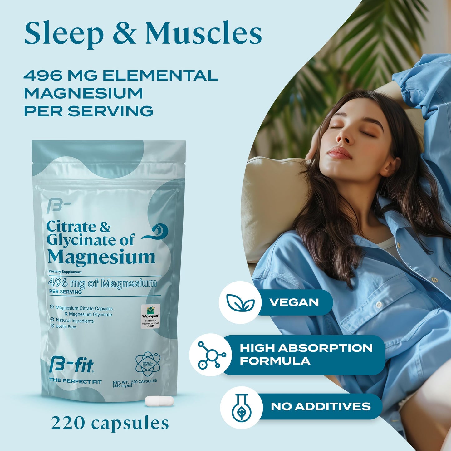 B-FIT B Magnesium Glycinate & Citrate – 220 Capsules | 496 mg Elemental Magnesium | Vegan