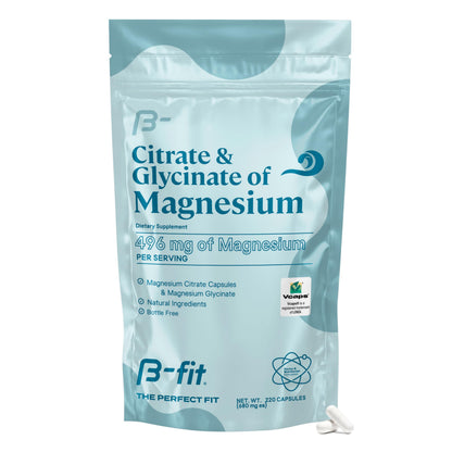 B-FIT B Magnesium Glycinate & Citrate – 220 Capsules | 496 mg Elemental Magnesium | Vegan