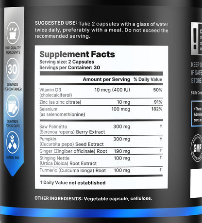 B Life Prostate Health Supplements for Men – Saw Palmetto, Pumpkin Seed Oil, Nettle Root, 60 Capsules