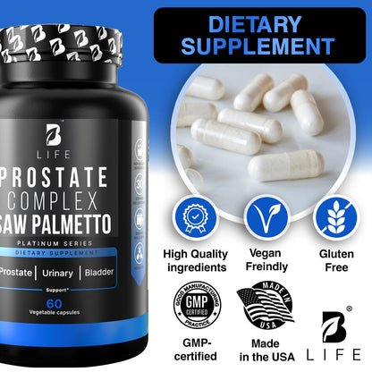 B Life Prostate Health Supplements for Men – Saw Palmetto, Pumpkin Seed Oil, Nettle Root, 60 Capsules