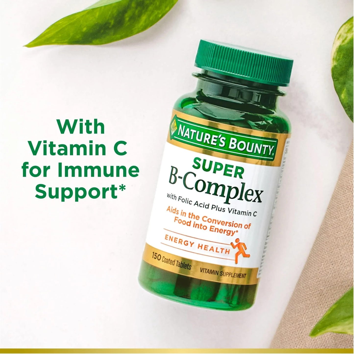 Nature's Bounty Super B-Complex with Folic Acid Plus Vitamin C – 300 Tablets (2 x 150 Count Bottles)