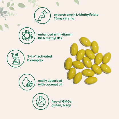 L Methylfolate 15mg with B6 + Methyl B12 | 240 Softgels with Coconut Oil | 3-in-1 Active Folate & B Vitamin Complex