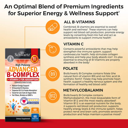 Vitamin B Complex with Vitamin C for Maximum Absorption – B12 & Folate