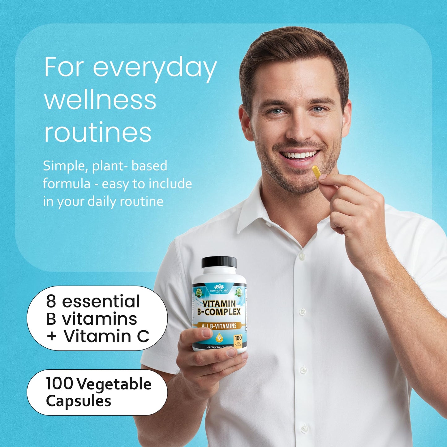 NaturaLife Labs Vitamin B-Complex with Vitamin C & Folic Acid | 100 Capsules