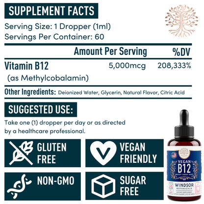 Vegan Vitamin B12 Liquid 5000 mcg | Sublingual Methylcobalamin Drops - 2oz