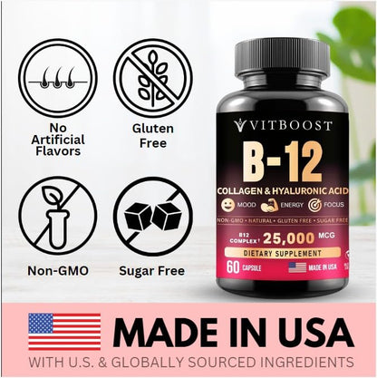 B12 25,000 mcg Complex with Hyaluronic Acid, Collagen & Folate – 60 Caps | USA Made