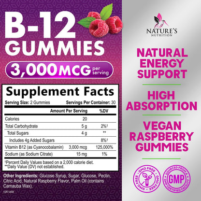 B12 Vitamins Energy Gummies 3000 mcg — Extra Strength B12 Gummy for Metabolism & Immune Support | 60 Gummies