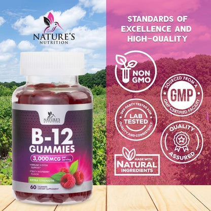 B12 Vitamins Energy Gummies 3000 mcg — Extra Strength B12 Gummy for Metabolism & Immune Support | 60 Gummies