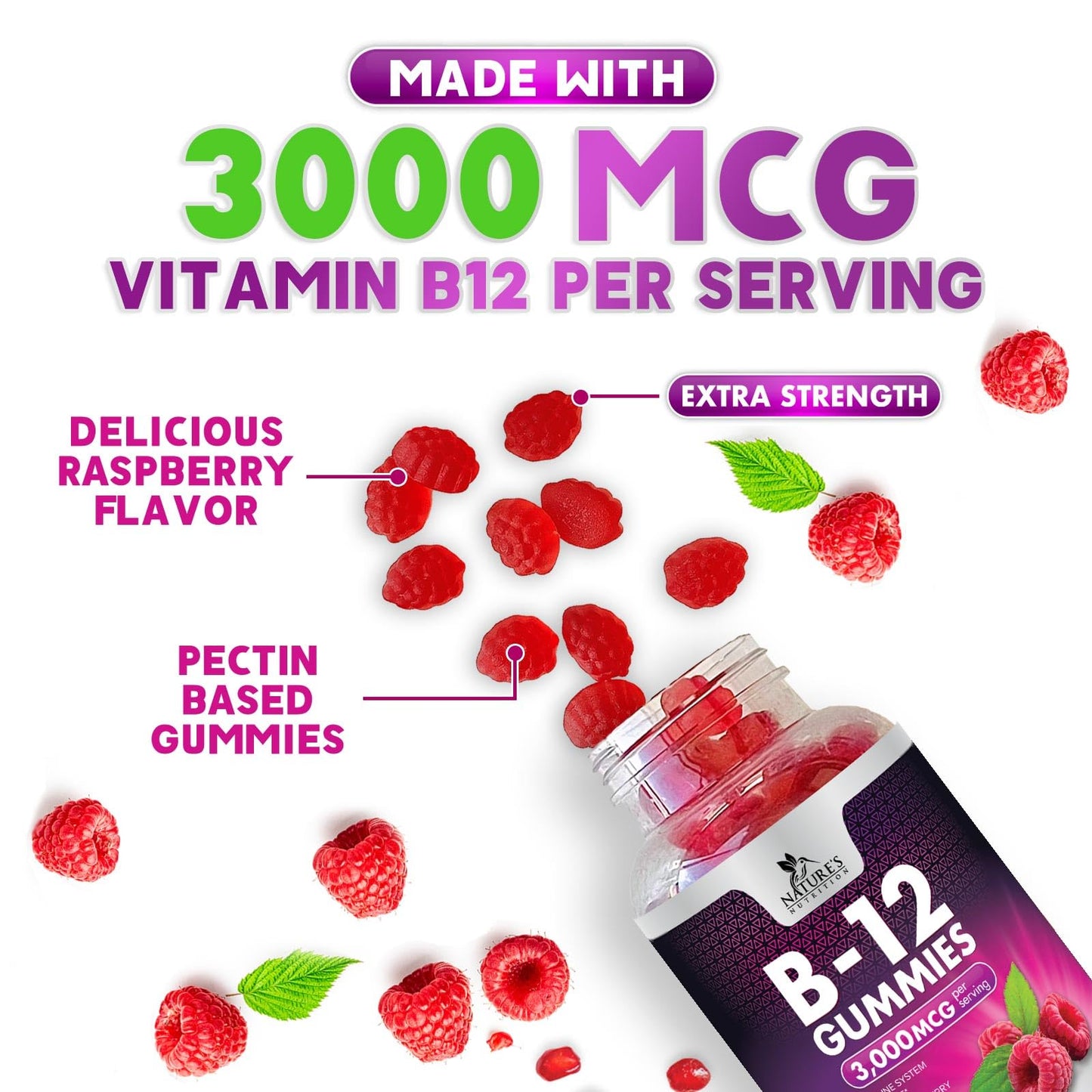B12 Vitamins Energy Gummies 3000 mcg — Extra Strength B12 Gummy for Metabolism & Immune Support | 60 Gummies