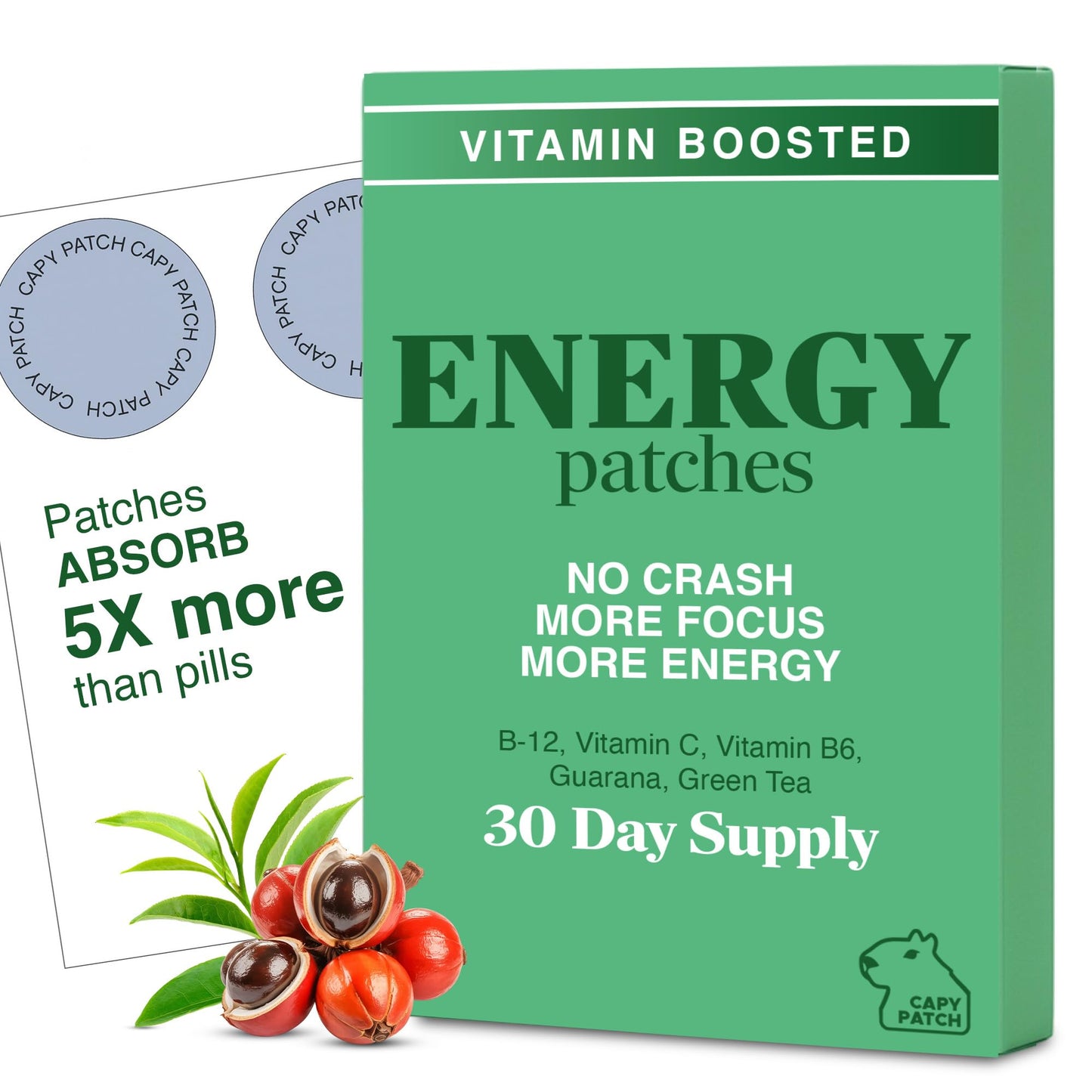 B12 Vitamin Energy Patch with Caffeine, Green Tea Extract & Guarana – 30 Count | 12-Hour Plant-Based Boost