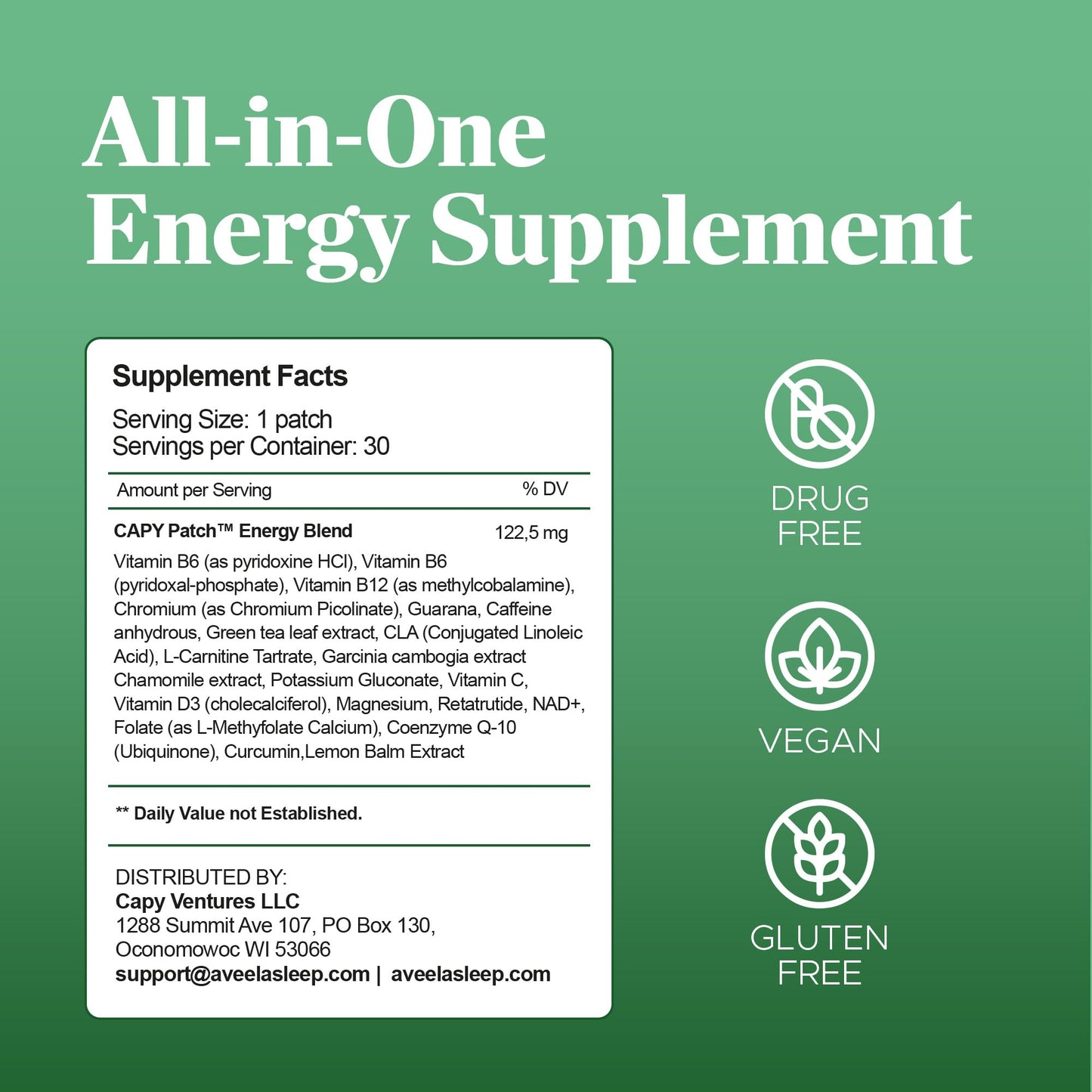 B12 Vitamin Energy Patch with Caffeine, Green Tea Extract & Guarana – 30 Count | 12-Hour Plant-Based Boost