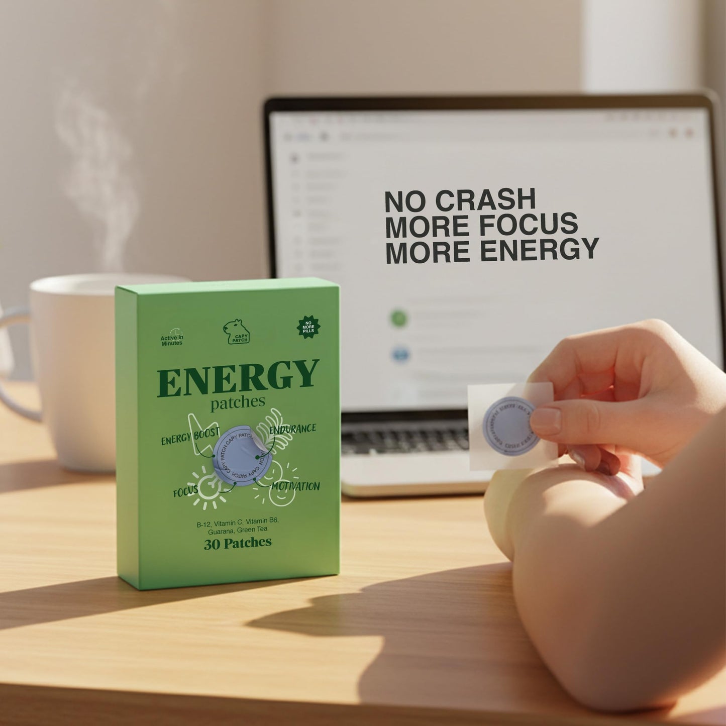 B12 Vitamin Energy Patch with Caffeine, Green Tea Extract & Guarana – 30 Count | 12-Hour Plant-Based Boost