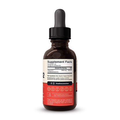 Live Conscious Vegan Vitamin B12 Sublingual Liquid Drops | Methylcobalamin Max Strength B12 5000mcg Formula | Vegan B 12 Vitamin Support Energy | Promote Memory & Aid Immune System | 60 Serving