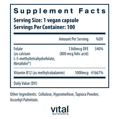 Vital Nutrients B12 & Methyl Folate – Vegan 5-MTHF + B12 | 100 Capsules