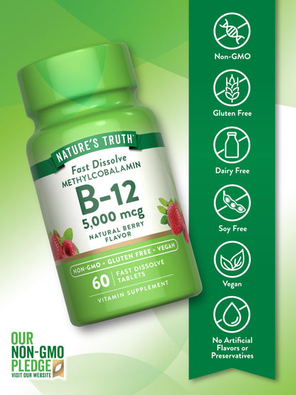 Nature's Truth B12 Vitamin 5000 mcg - 60 Tablets - Fast Dissolve Berry Flavor - Vegan, Non-GMO & Gluten-Free