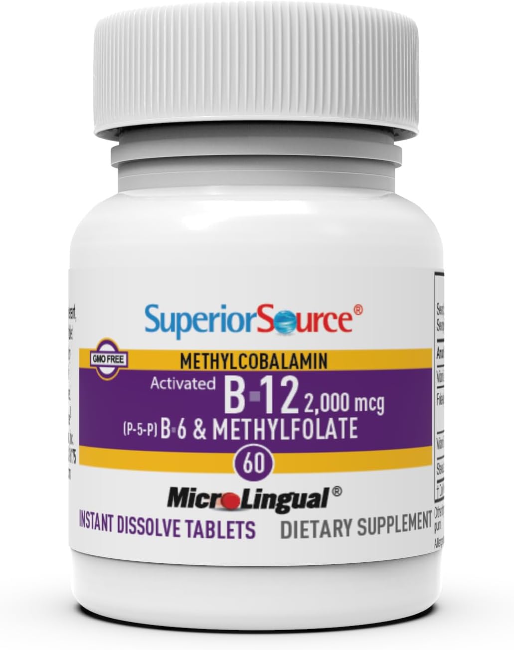 Superior Source No Shot Vitamin B-12 Methylcobalamin 2000 mcg, B-6, & Methylfolate 1200 mcg - Supports Energy, Brain, and Heart Health - Bariatric Friendly - 60 Sublingual Dissolving Tablets