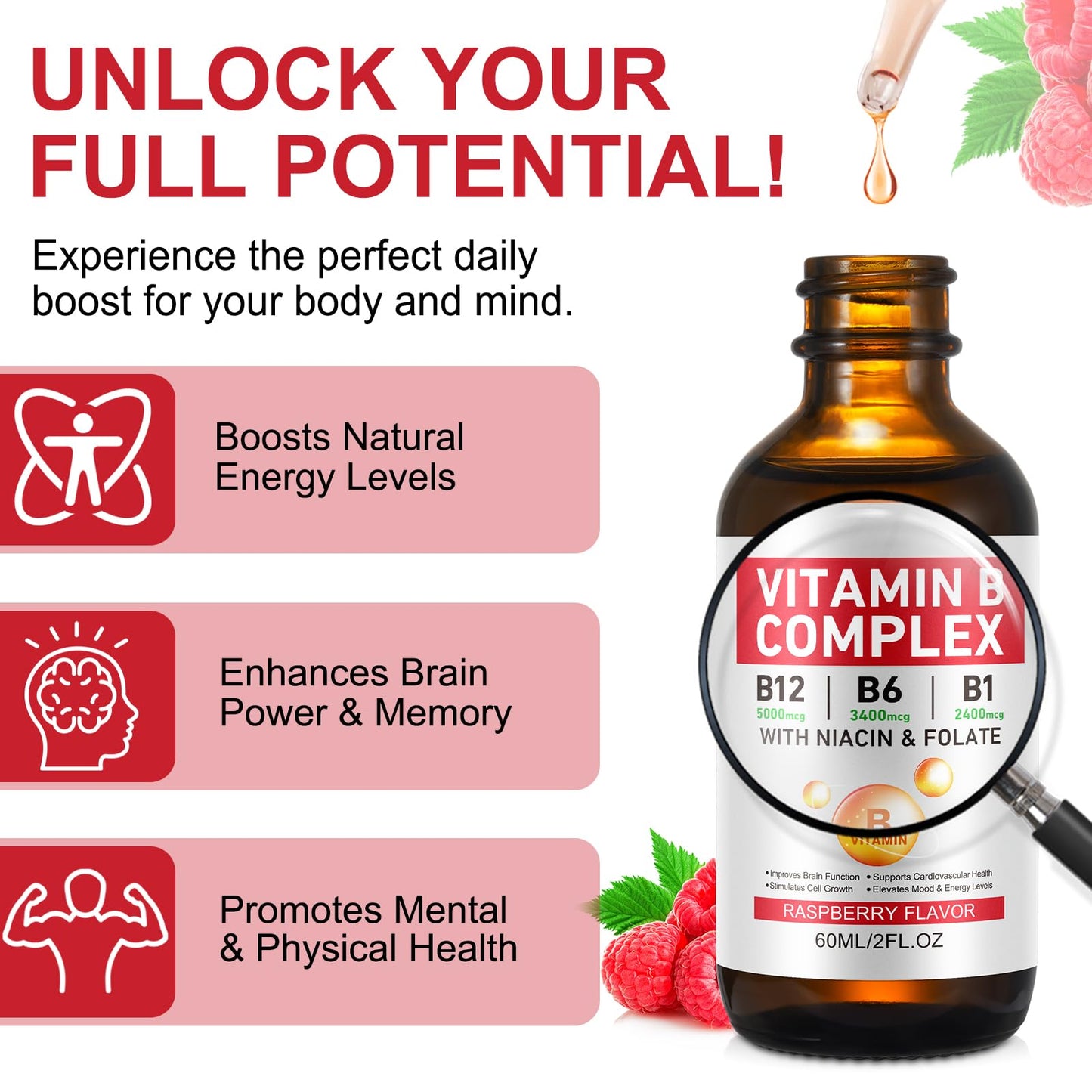 Vitamin B Complex Liquid Drops – Vegan B12 (Methylcobalamin) with B1, B3, B6, B9 and Niacin – 40 Servings