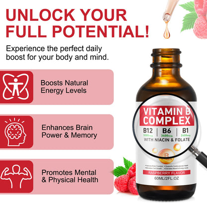 Vitamin B Complex Liquid Drops – Vegan B12 (Methylcobalamin) with B1, B3, B6, B9 and Niacin – 40 Servings