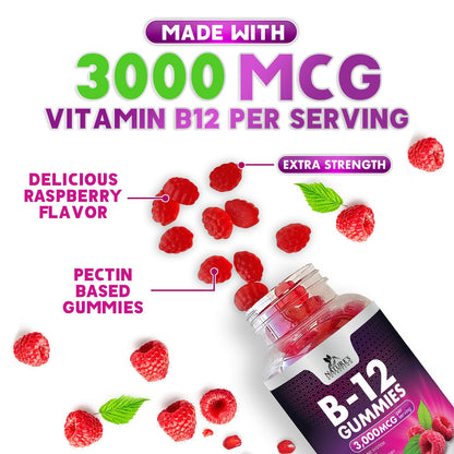 B12 Vitamins Energy Gummies 3000 mcg — Extra Strength B12 Gummy for Metabolism & Immune Support | 60 Gummies