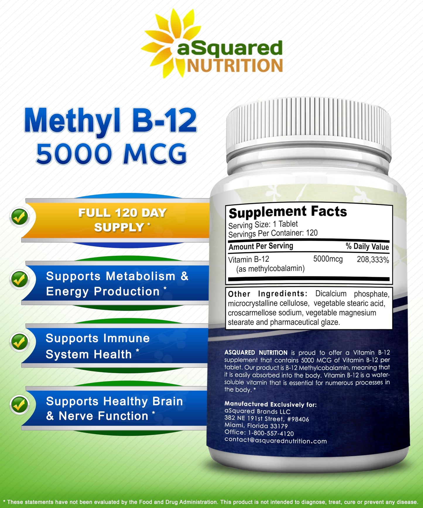 aSquared Nutrition Vitamin B12-5000 mcg (Methylcobalamin) – 120 Tablets | Max Strength Energy, Brain & Heart Support