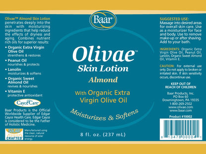 Baar Olivae Skin Lotion & Massage Oil, 8 oz (Pack of 2) – Almond Scent & Cold-Pressed Olive Oil