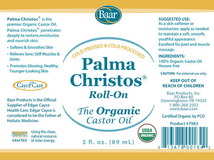 Baar Palma Christos Roll-On Organic Castor Oil 3 oz - Pack of 2
