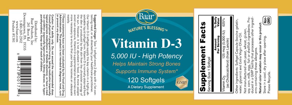 Baar Vitamin D-3 Softgels 5,000 IU | 120 Softgels | Immune & Bone Support