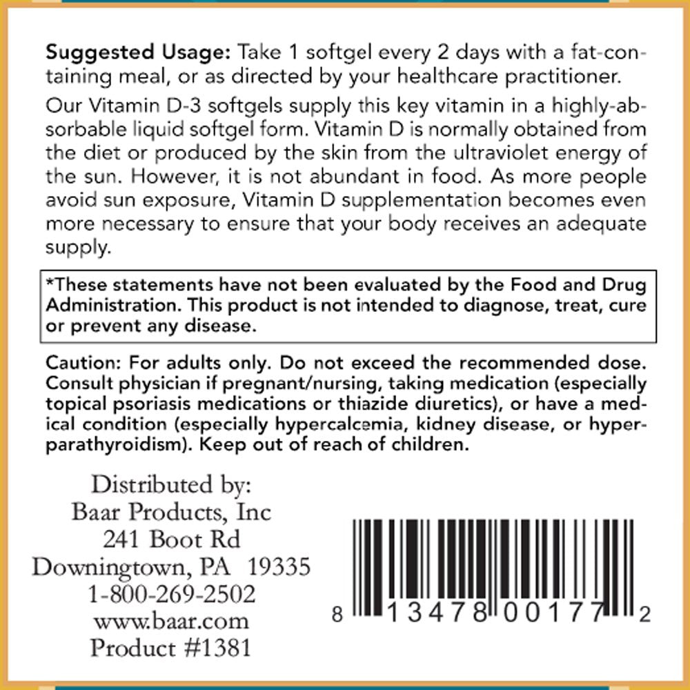 Baar Vitamin D-3 Softgels 5,000 IU | 120 Softgels | Immune & Bone Support