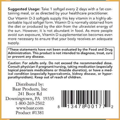 Baar Vitamin D-3 Softgels 5,000 IU | 120 Softgels | Immune & Bone Support