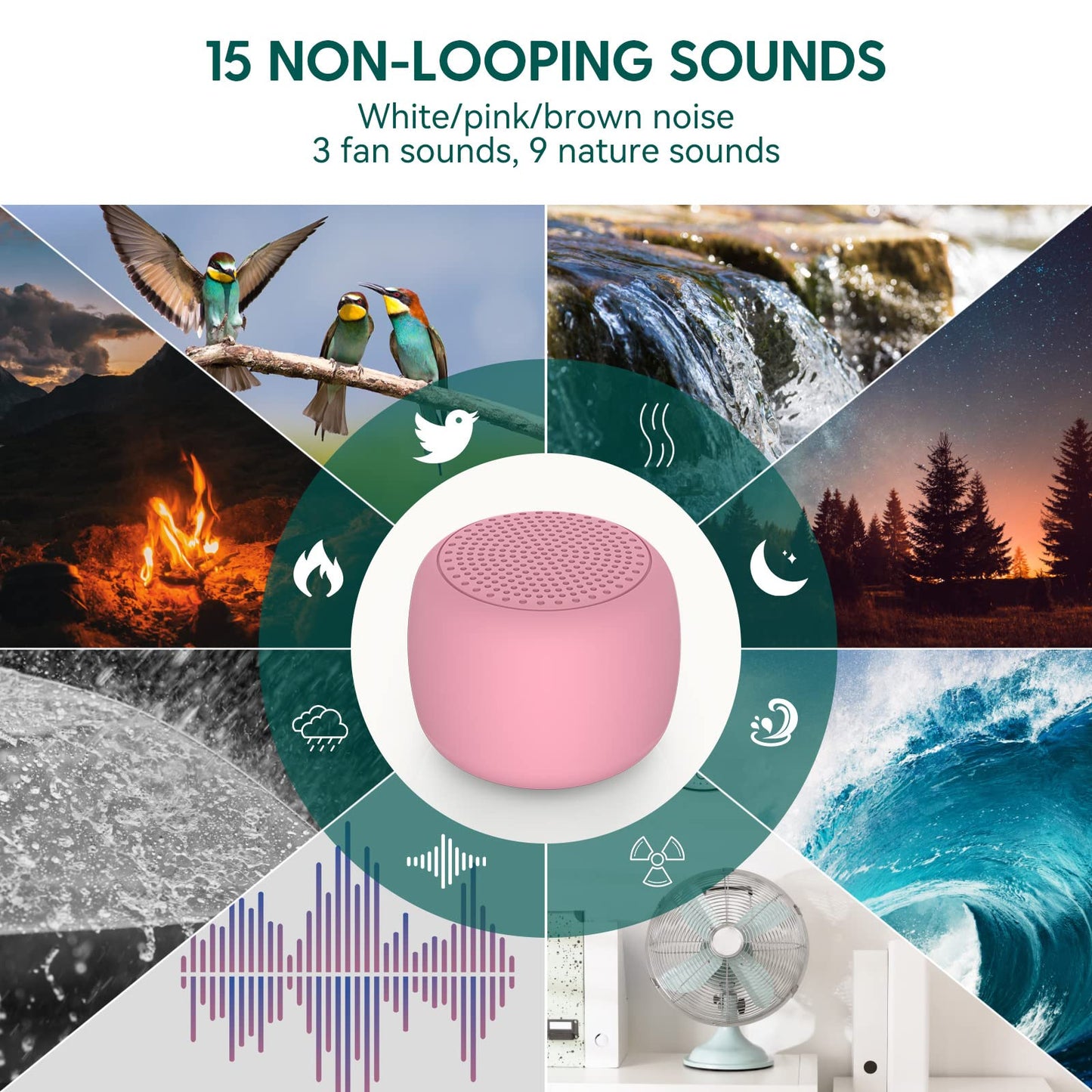 BABELIO Pocket White Noise Sound Machine – 15 Non-Looping Sounds, Timer, Memory Function, Pink