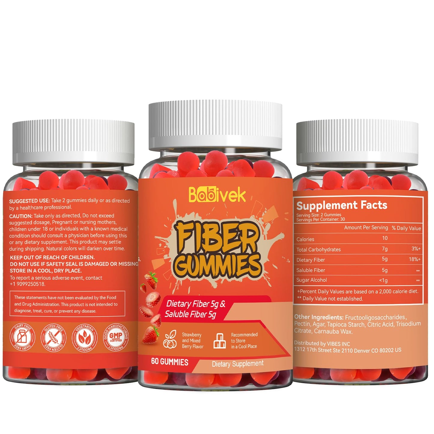 Babivek Fiber Gummies – Dietary Fiber for Digestive Health | Vegan, Gluten-Free, 60 Count