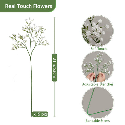 15 Pcs Baby's Breath Artificial Flowers – Real Touch White Gypsophila for Wedding Decor